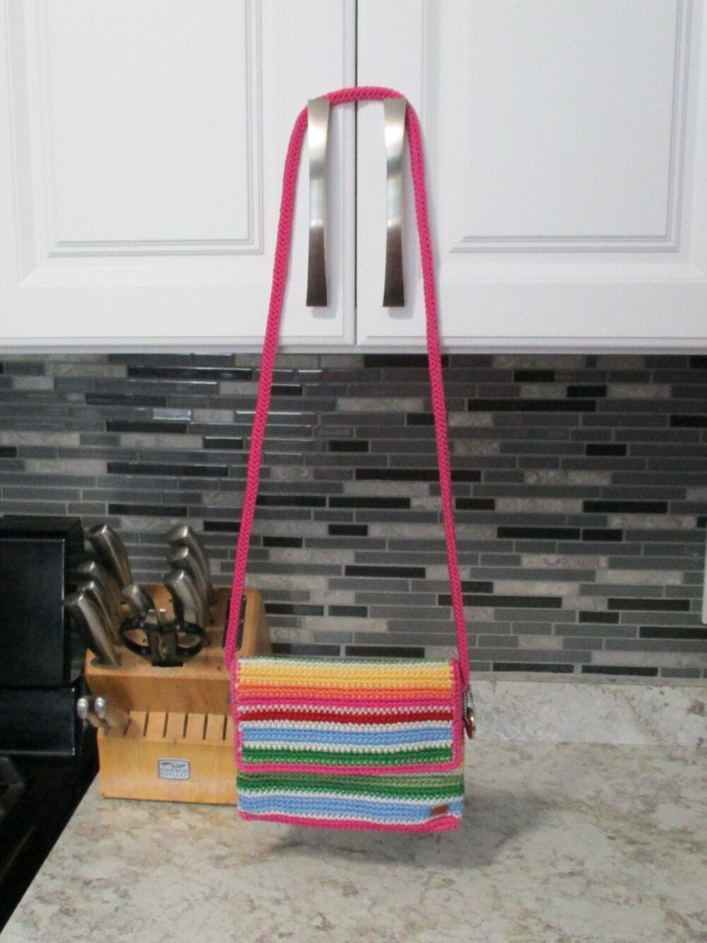 The SAK small Colorful Striped Rainbow crochet crossbody Bag Purse Boho Festival